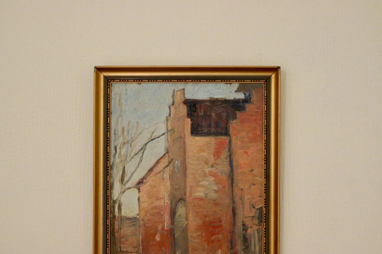 Original European oil on panel – construction scene