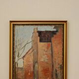 Original European oil on panel – construction scene