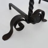 Large pair of wrought iron and brass ball fireplace andirons. 19th century