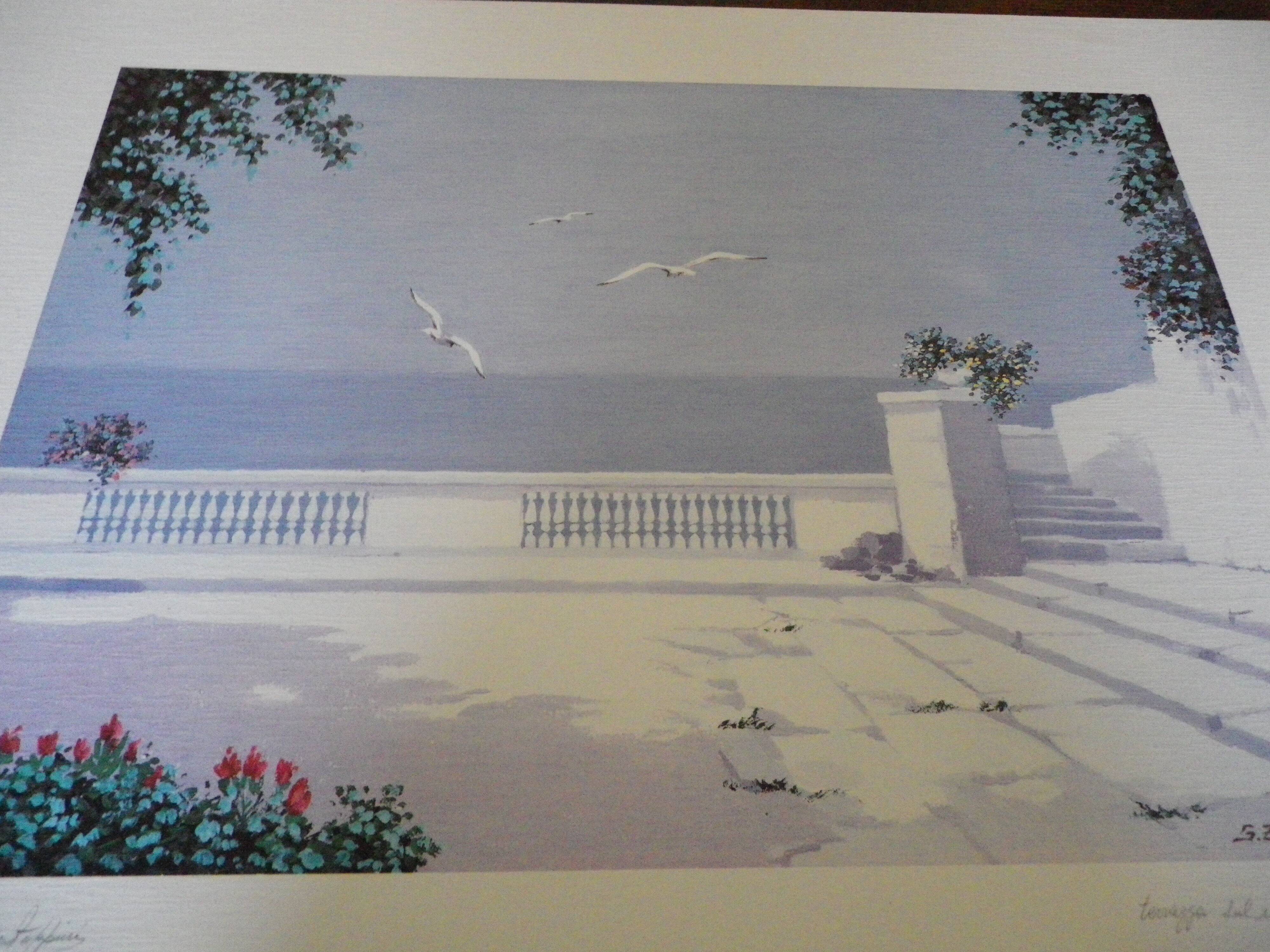 Giorgio Zuppini, Terrace by the Sea with Seagulls, Lithograph, 1970