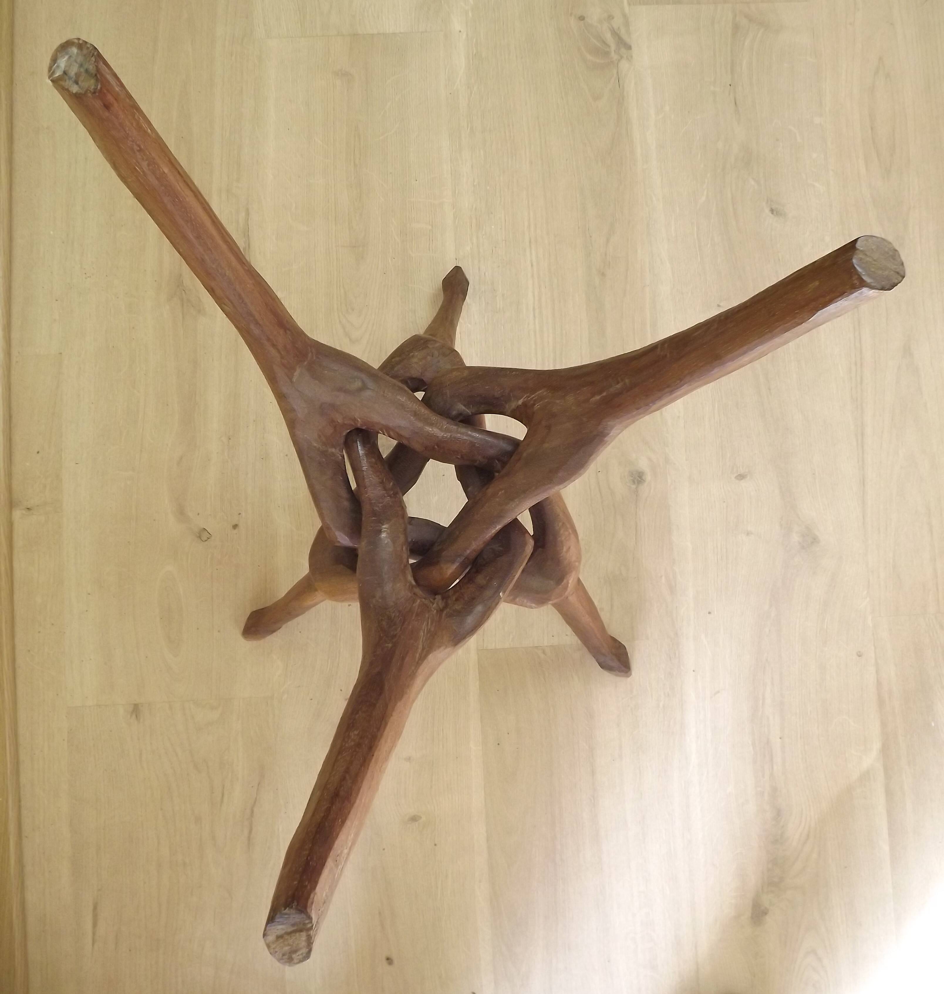 Carved African Hardwood Occasional Table with Geometric Top and Interlocking Legs