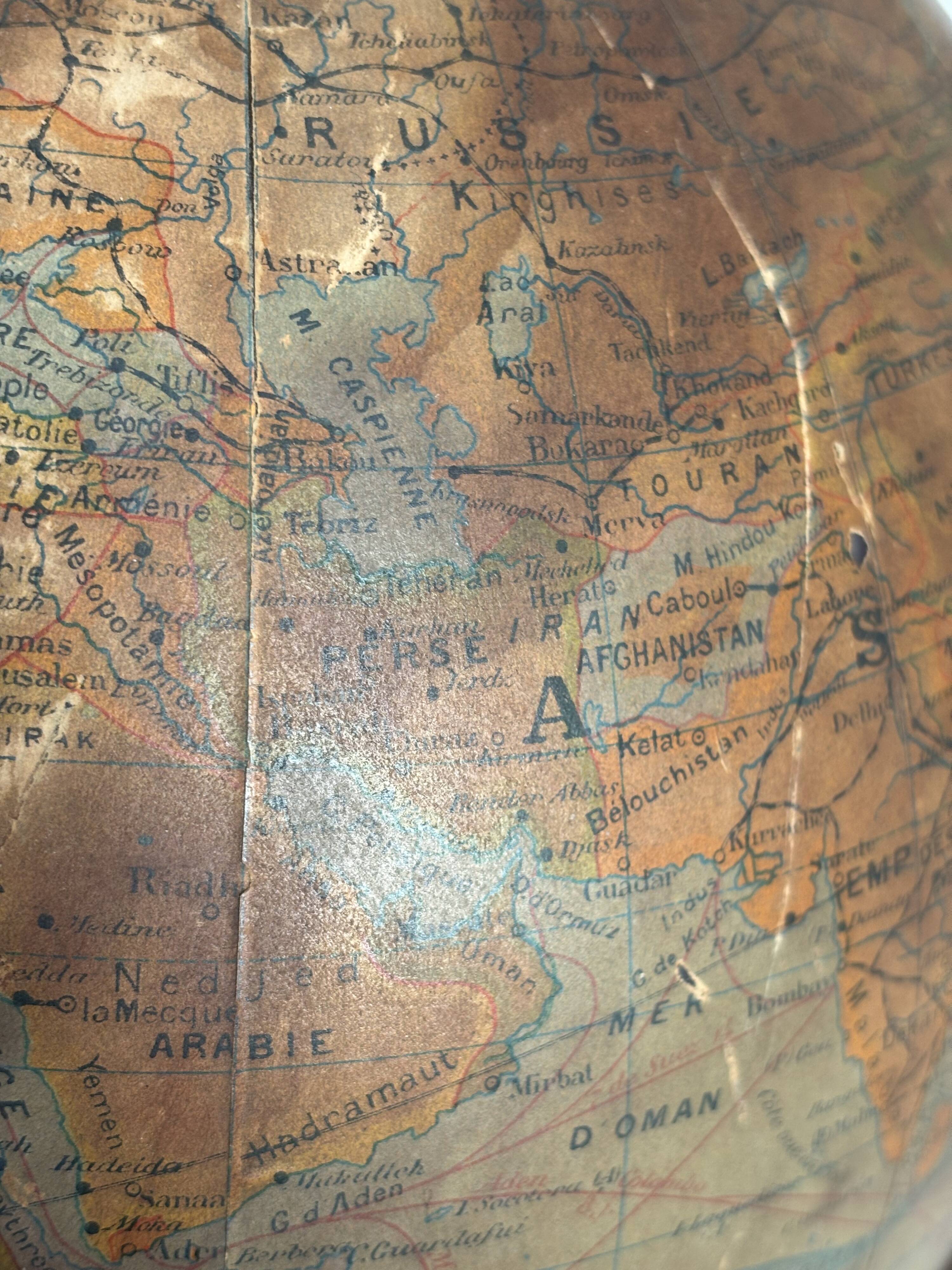 Vintage 1930 globe terrestrial Jacques Adnet world map J. Forest glass wood -