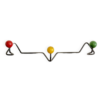 Seventies coat rack/coat hook, green-yellow-red metal and wood