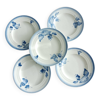 Lot de 5 assiettes à dessert, décor floral bleu