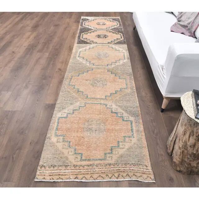 Vintage orange Turkish hand-knotted runner 81x356