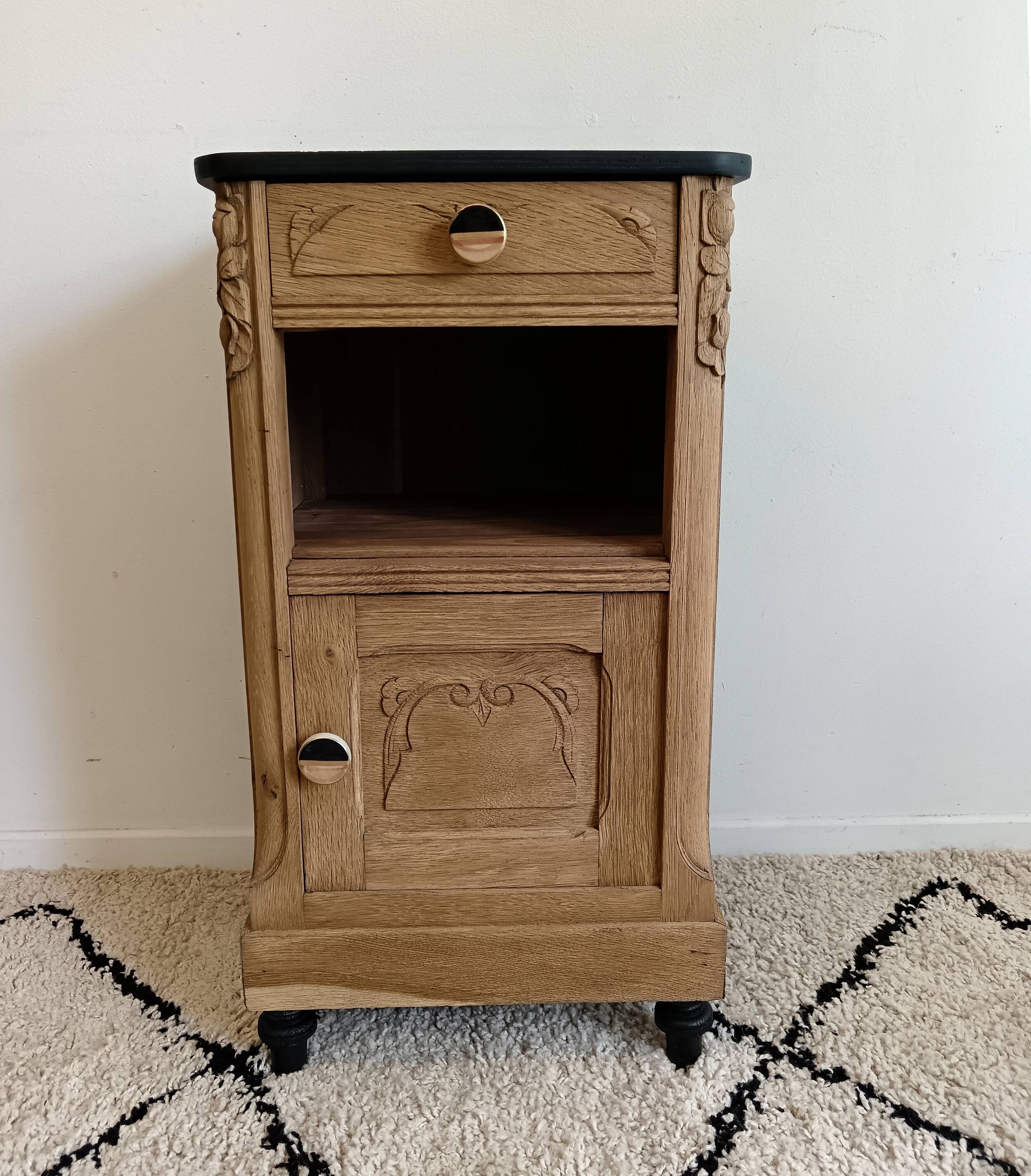 Bedside table in solid black oak and natural Art Deco wood