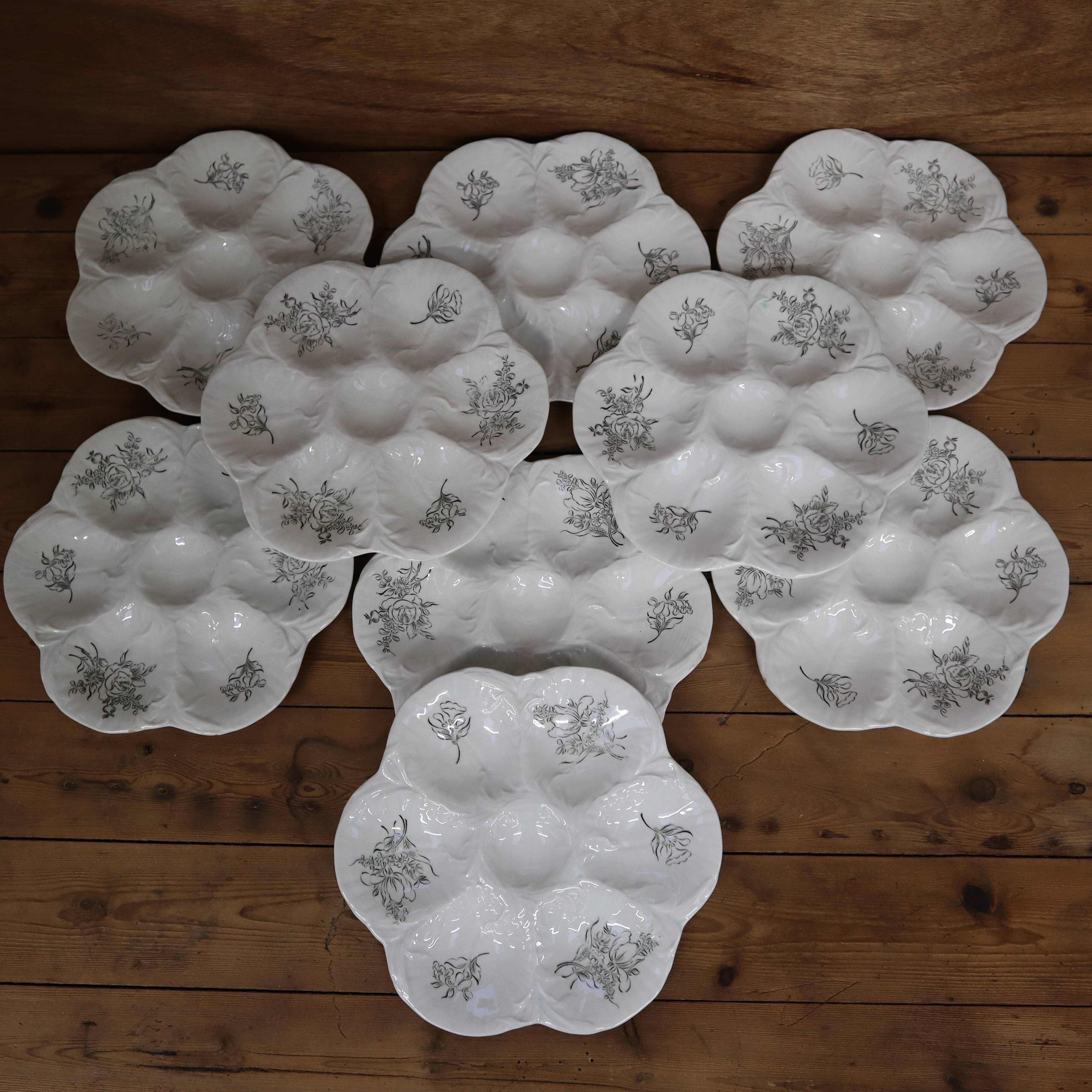 9 Oyster plates with black floral decoration KetG Luneville year 1940