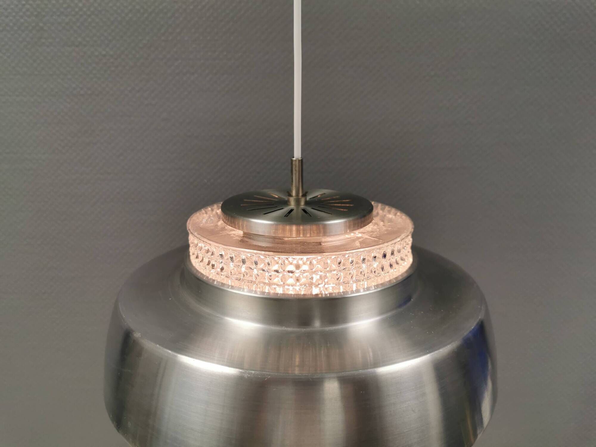 Hanging lamp in aluminium and hard pressed crystal glass. Denmark 1980s
