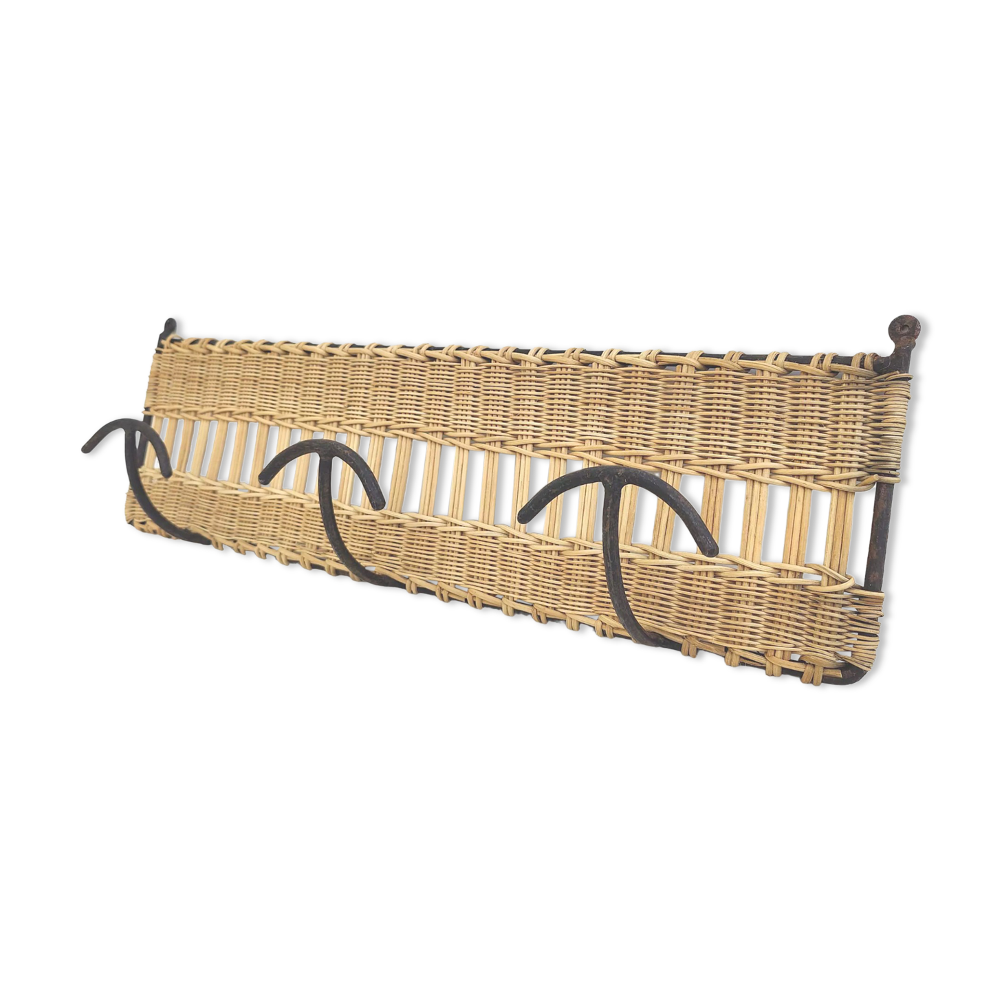 Wall coat rack 3 hooks in iron and woven wicker