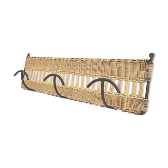 Wall coat rack 3 hooks in iron and woven wicker