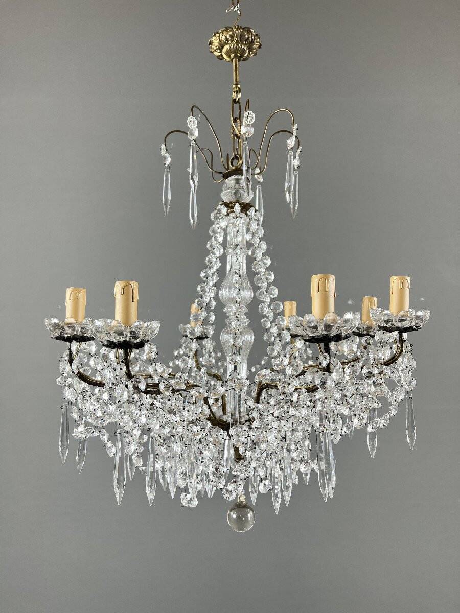 Lustre à pampilles en cristal et bronze, XXe siècle