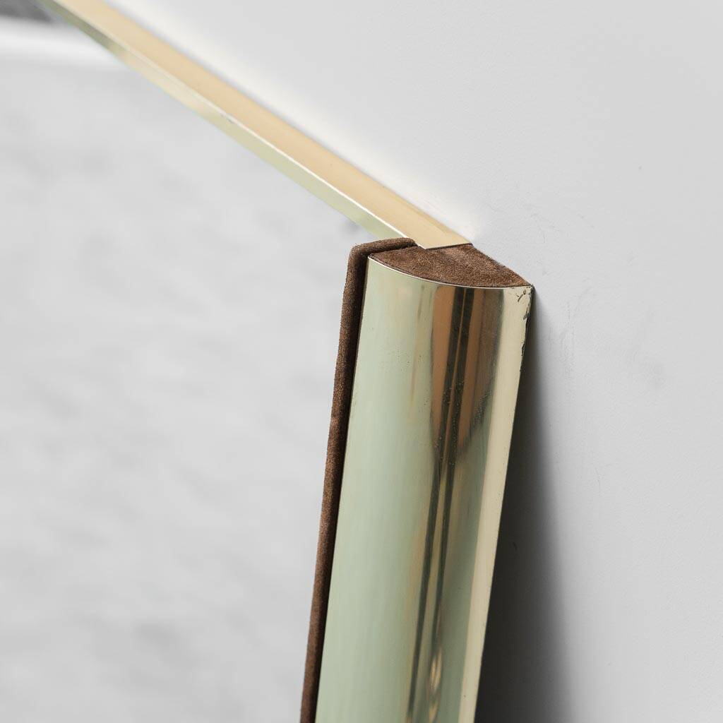 Large vintage mirror with brass and suede frame, 1970s – modernist design