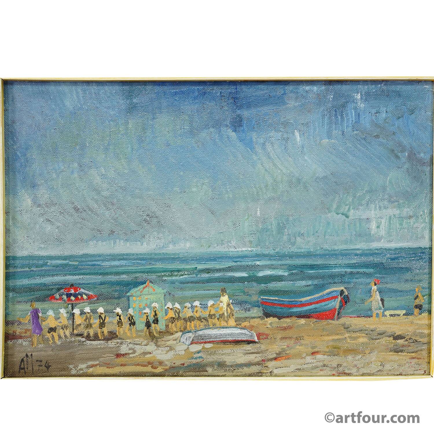 Swimming school by the sea, 1974 – oil painting by Alexander Michael