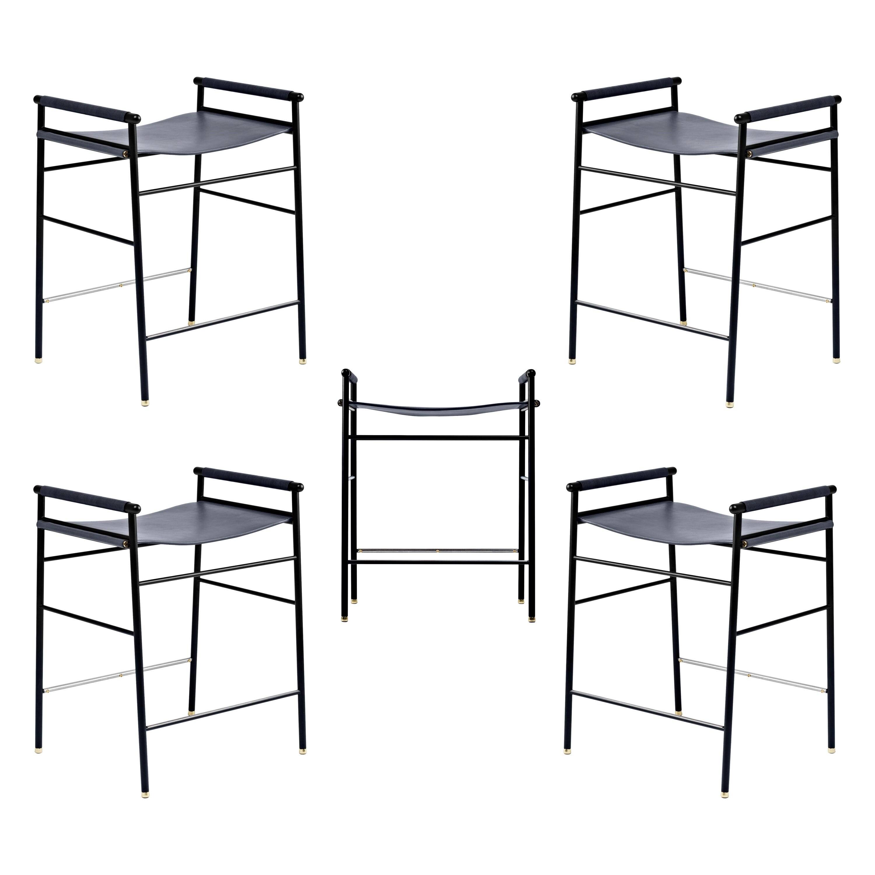 Set of 5 contemporary navy blue leather bar stools.