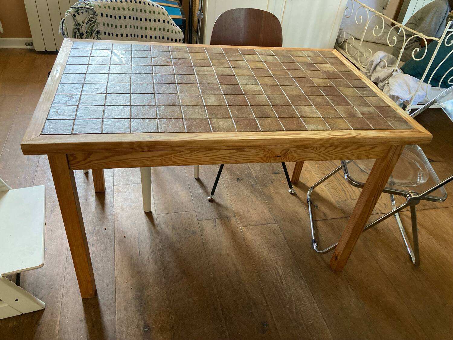 Pine and brown ceramic table, 1960s