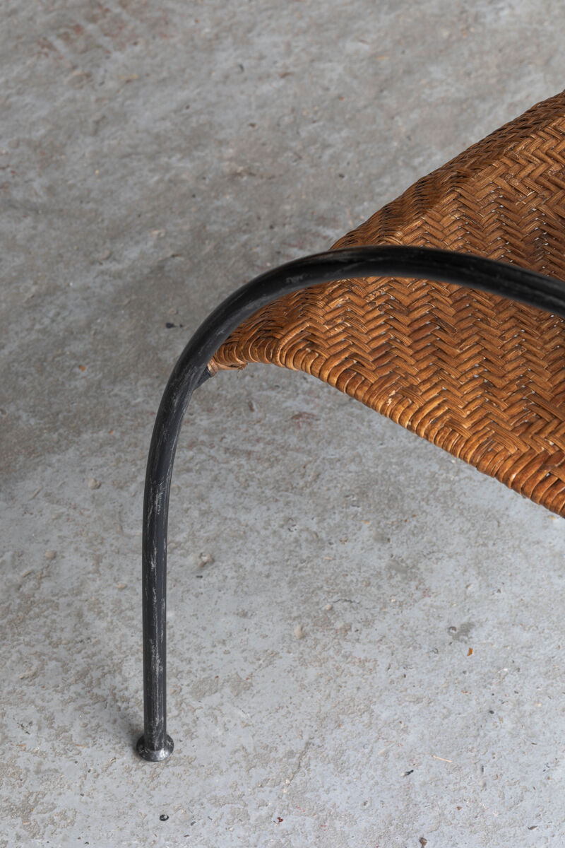 Set of 4 stackable dining chairs in steel and rattan, 1970s