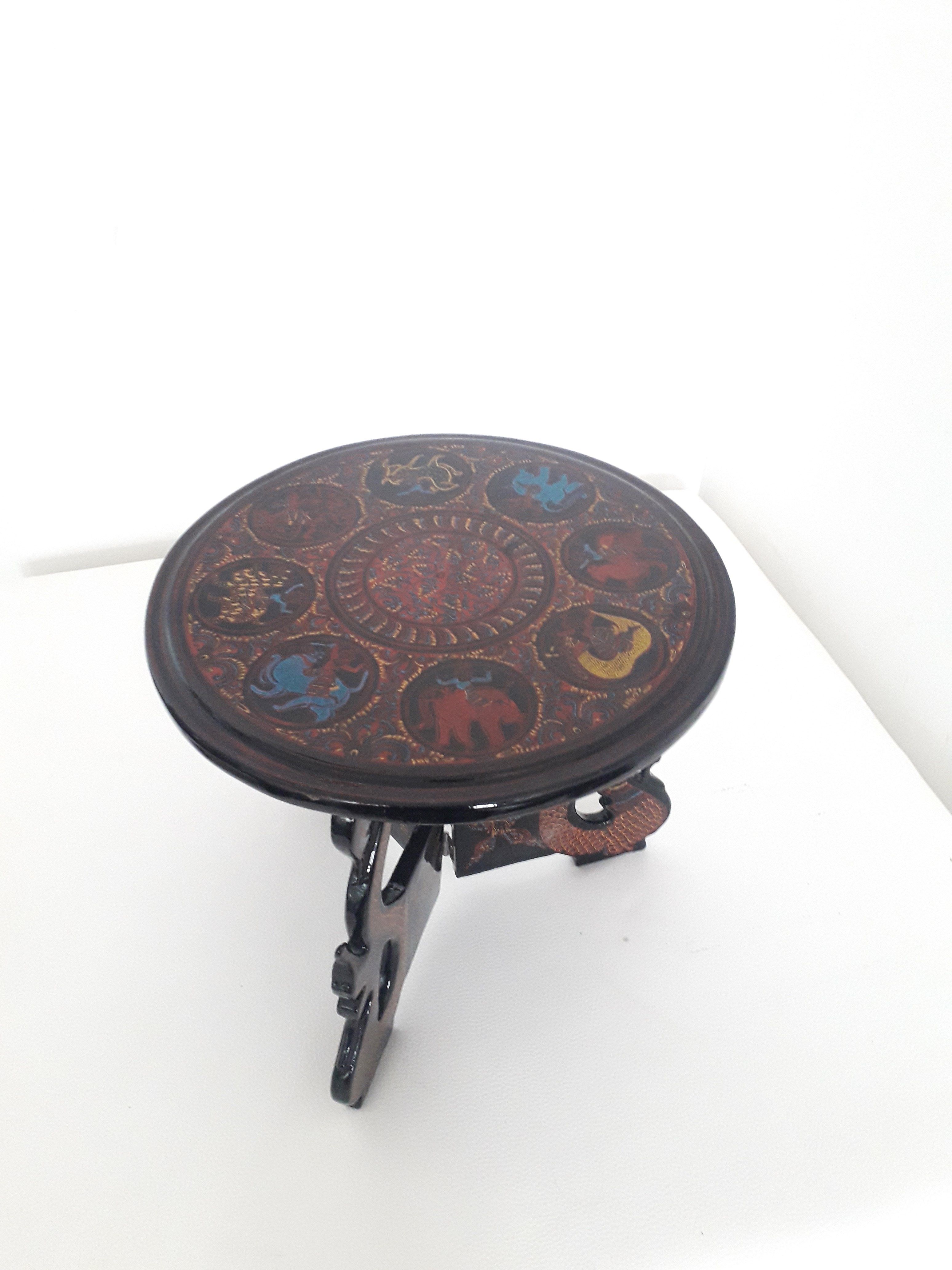 Pedestal table / asian tripod plant holder - black lacquered wood - 1970