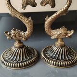 Pair of Art Nouveau style Koi Carp Candlesticks. In old gold patinated bronze.
