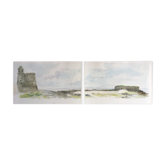 Watercolor in diptych from the Fort of Tatihou Island