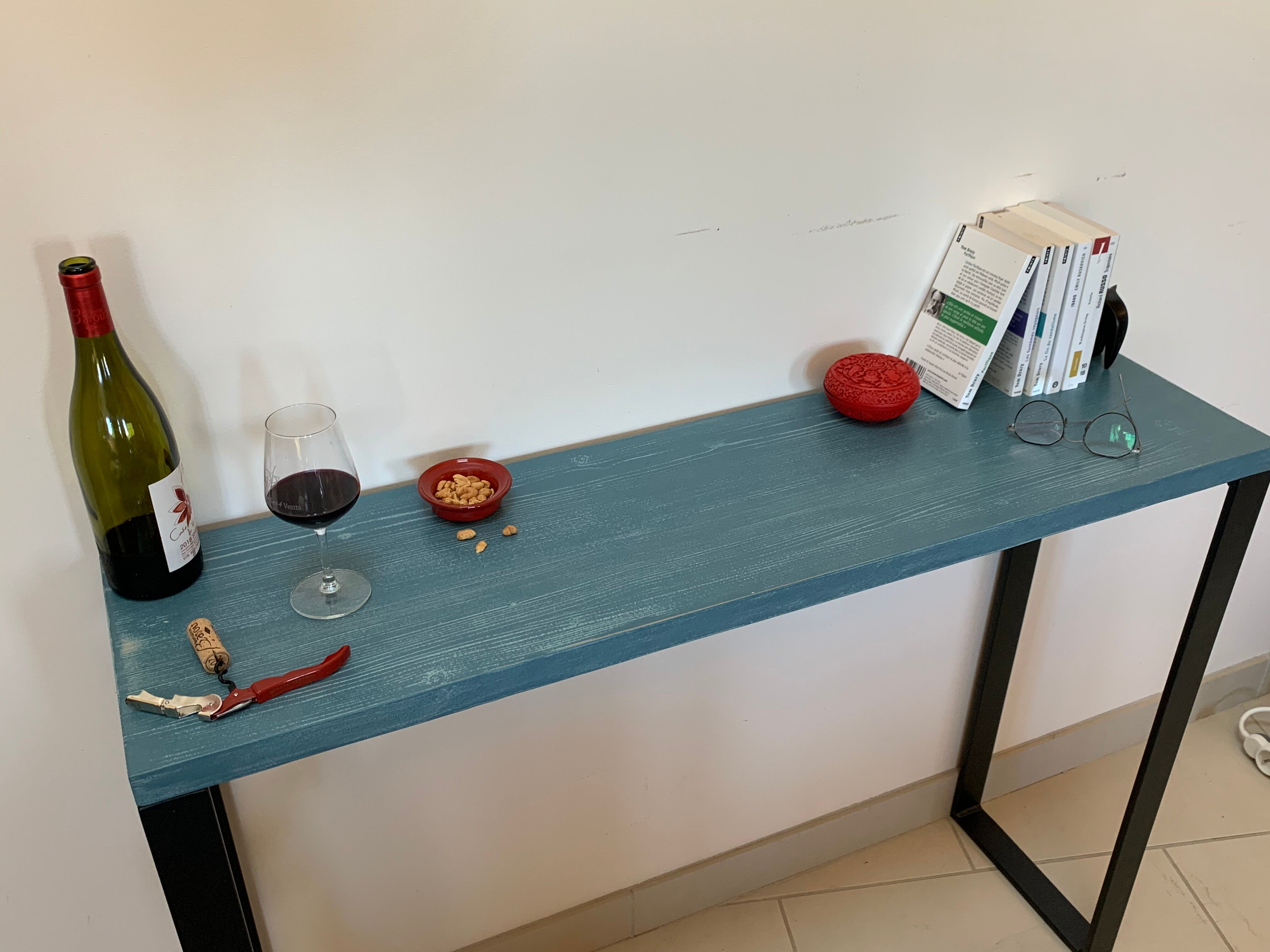 Console tray wood base footing steel