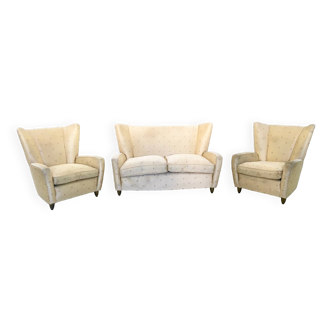 Vintage Ivory Original Fabric Living Room Set of 3 Pieces by Paolo Buffa, Italy