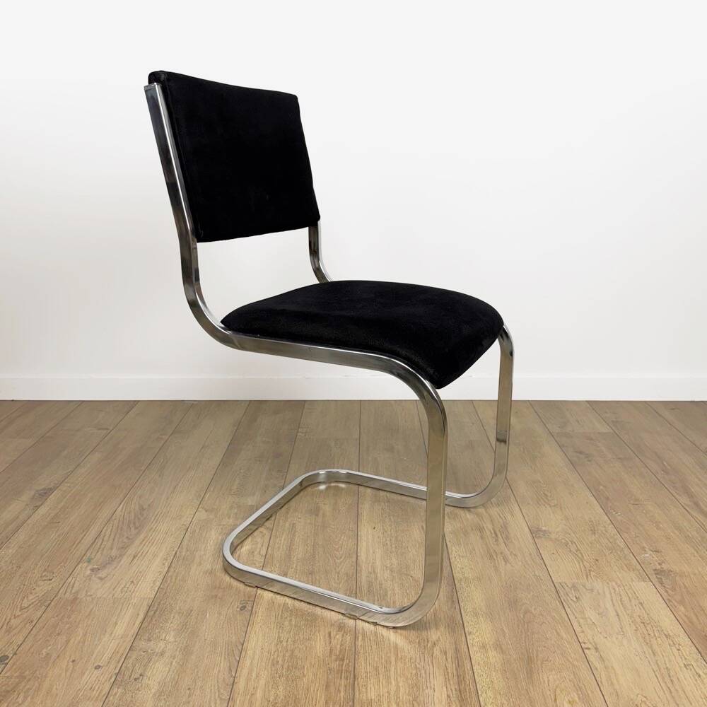 Chrome and black velvet sled chair from the 70s in Italy