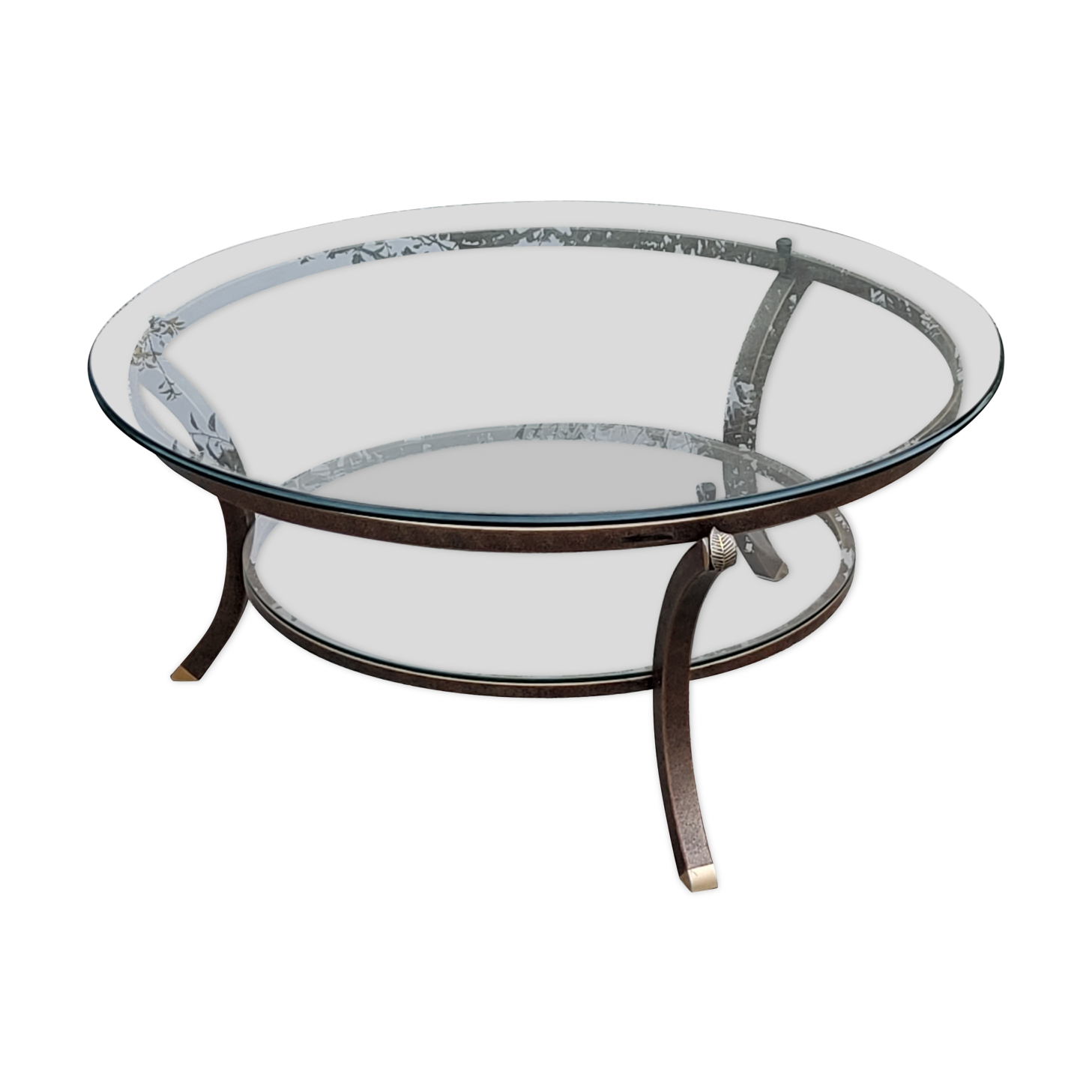 Round coffee table Perre Vandel Villa d'Este double tops in glass base gold metal