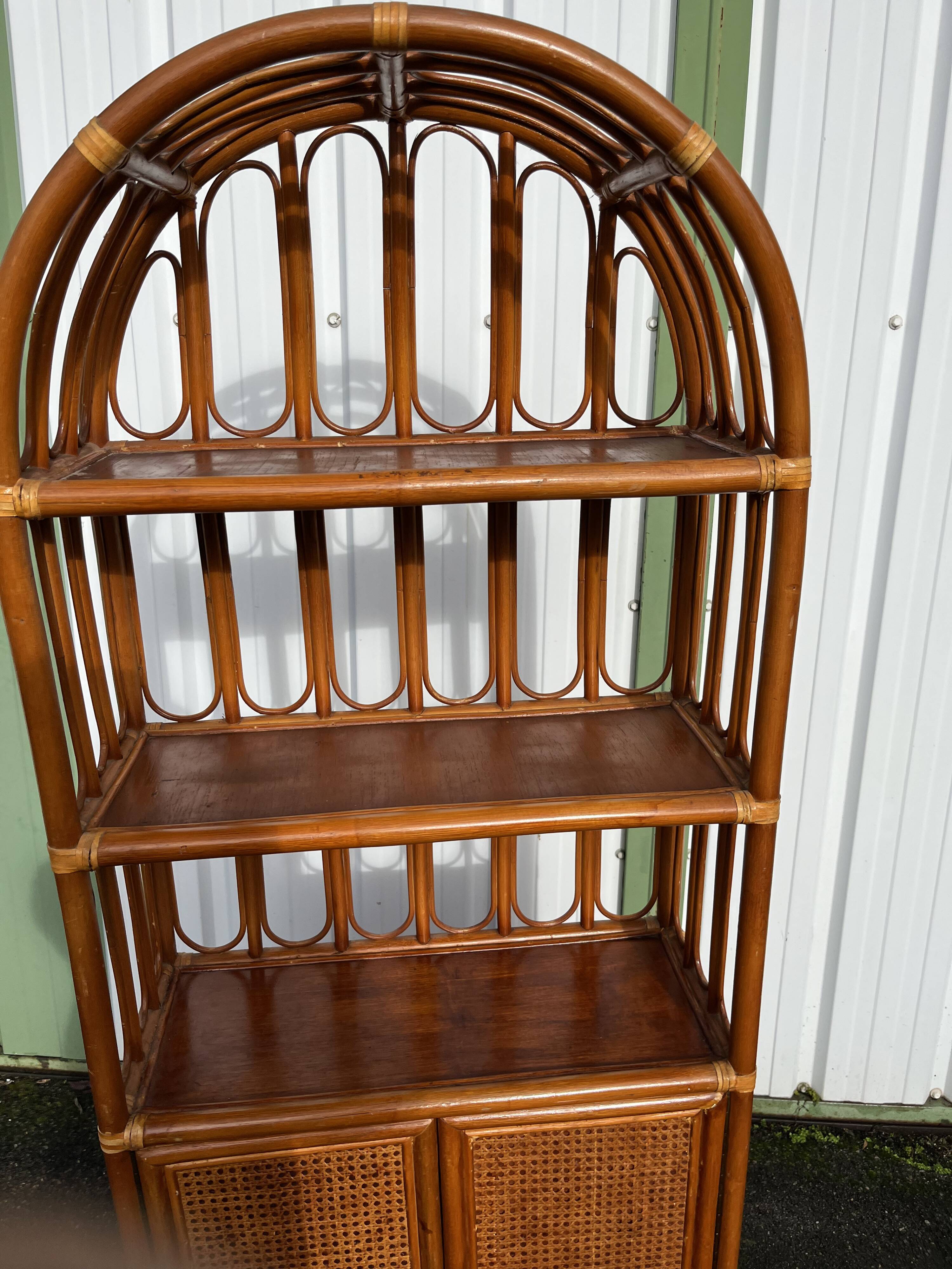 Vintage rattan, wood and cane shelf bookcase