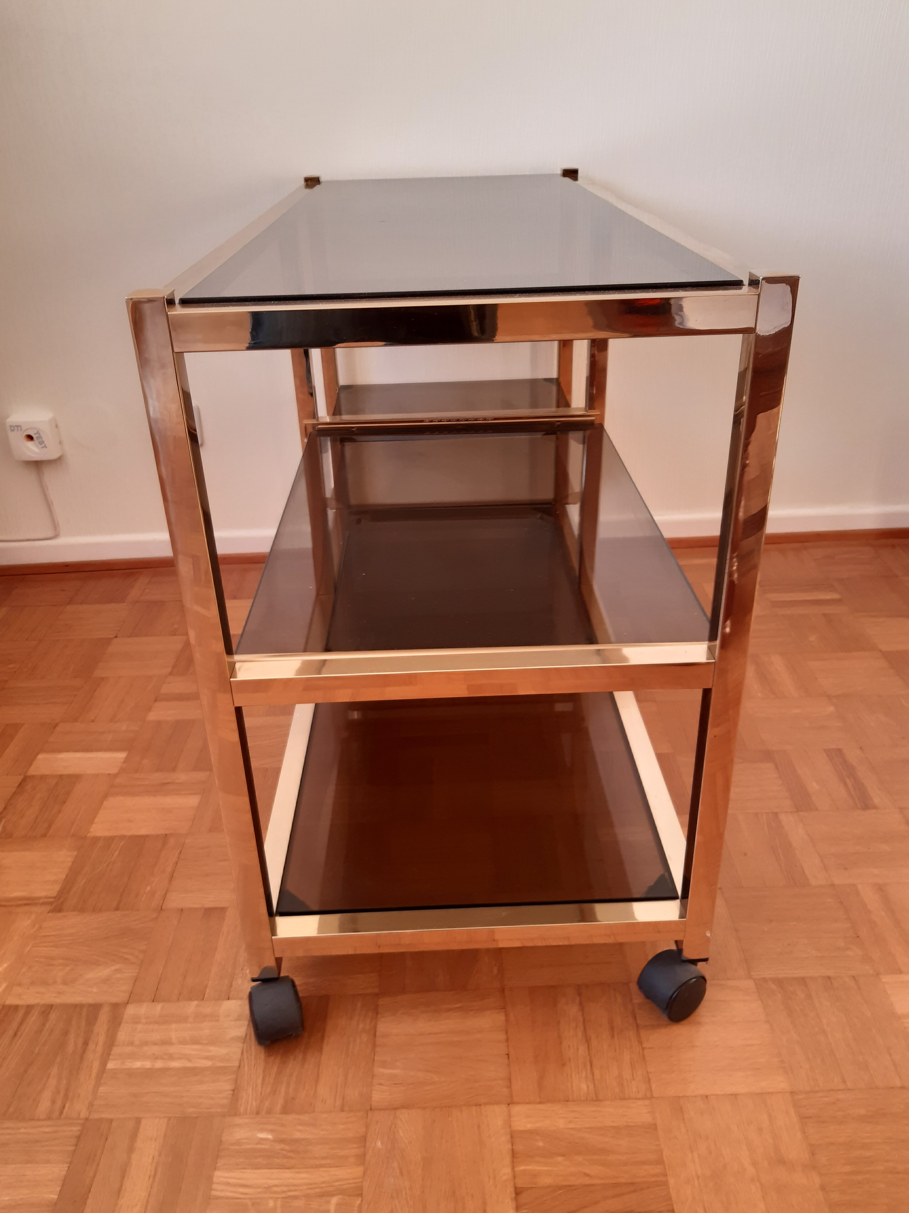 Vintage TV stand in brass and smoked glass 1970