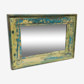 Miroir bois vieux teck patine bleue jaune 54x3x37cm
