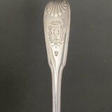 Stew spoon in solid silver 18th century shell model with coat of arms and Farmers General hallmarks