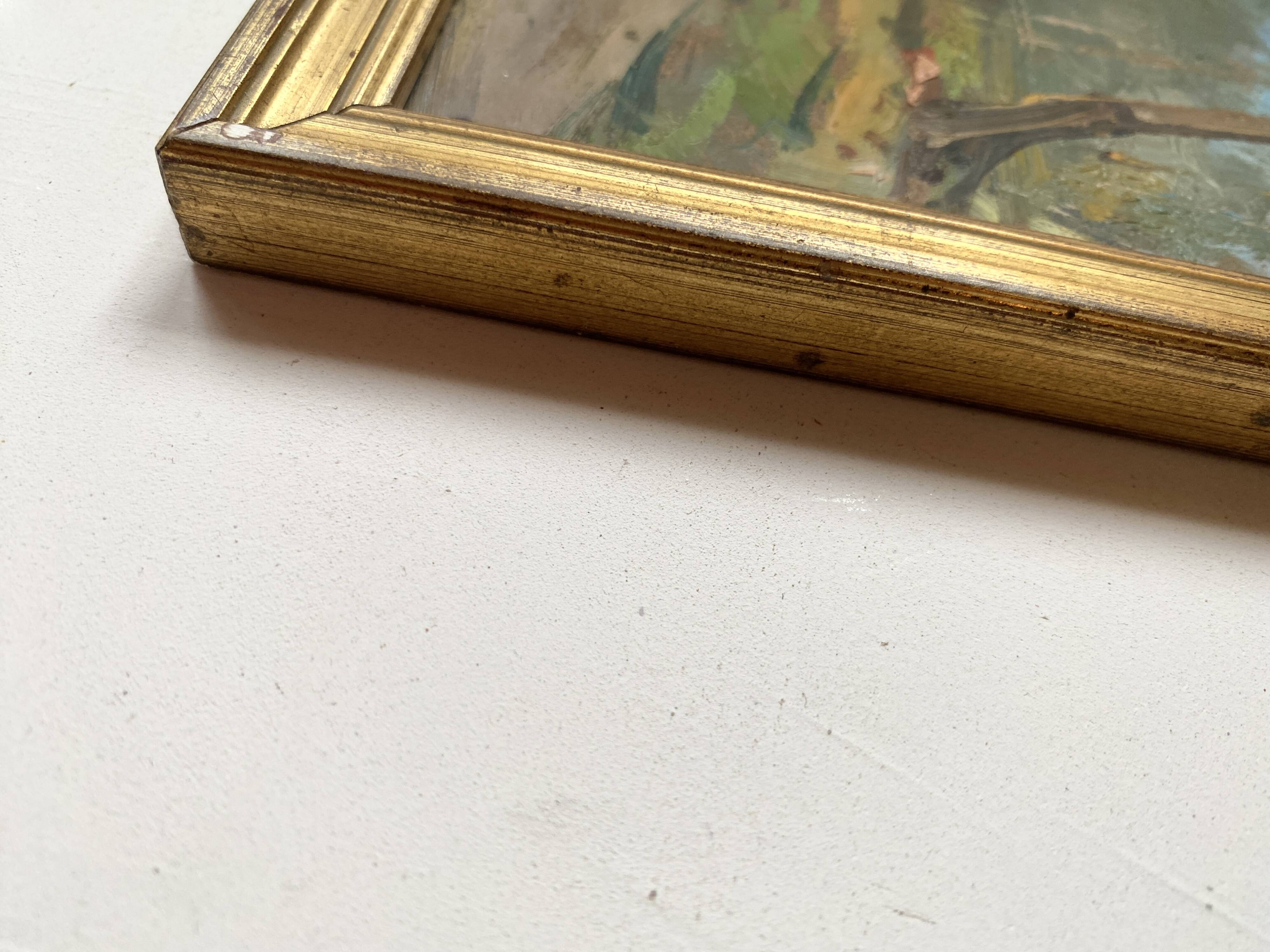 Huile 1950 mise sous verr, cadre bois doré