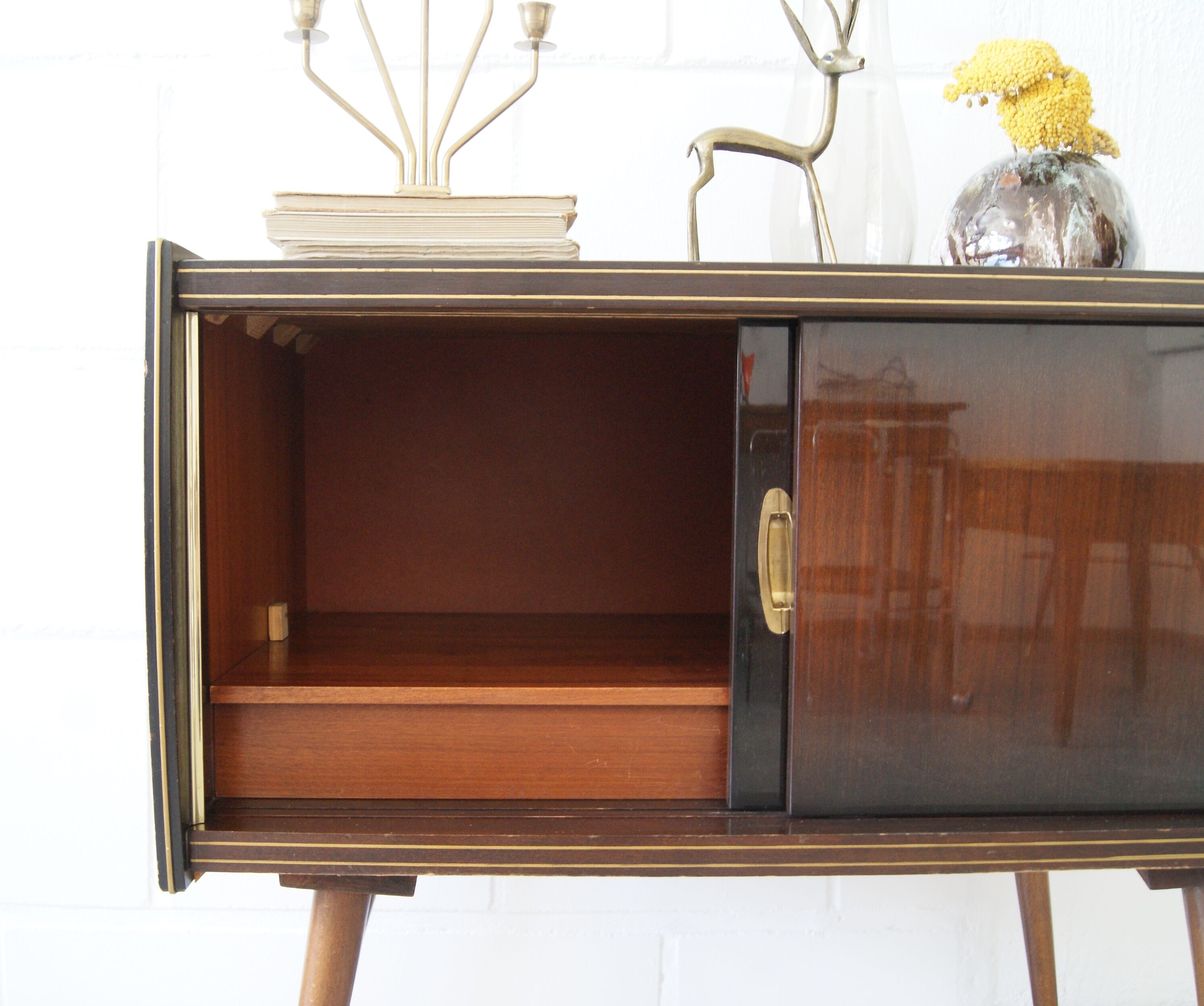 50s dresser, small sideboard wood brass