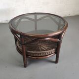 Vintage rattan coffee table with smoked glass top and rattan basket shelf