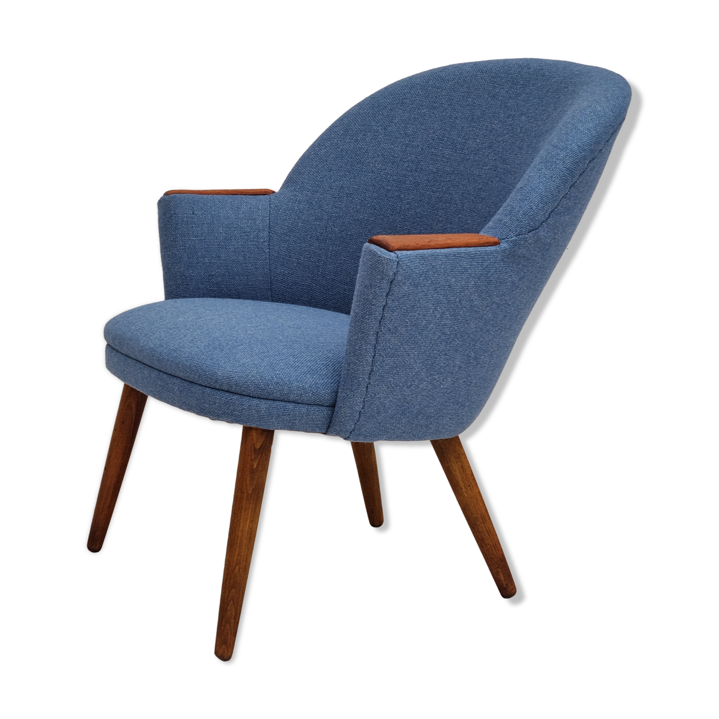 1960s, danish design, reupholstered lounge chair, camira furniture wool fabric, teak