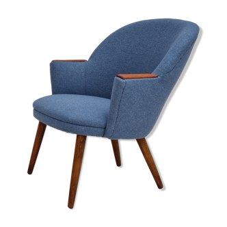 1960s, danish design, reupholstered lounge chair, camira furniture wool fabric, teak