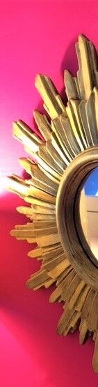 Mirror sun gilded wood leaf, 52 cm double shelving