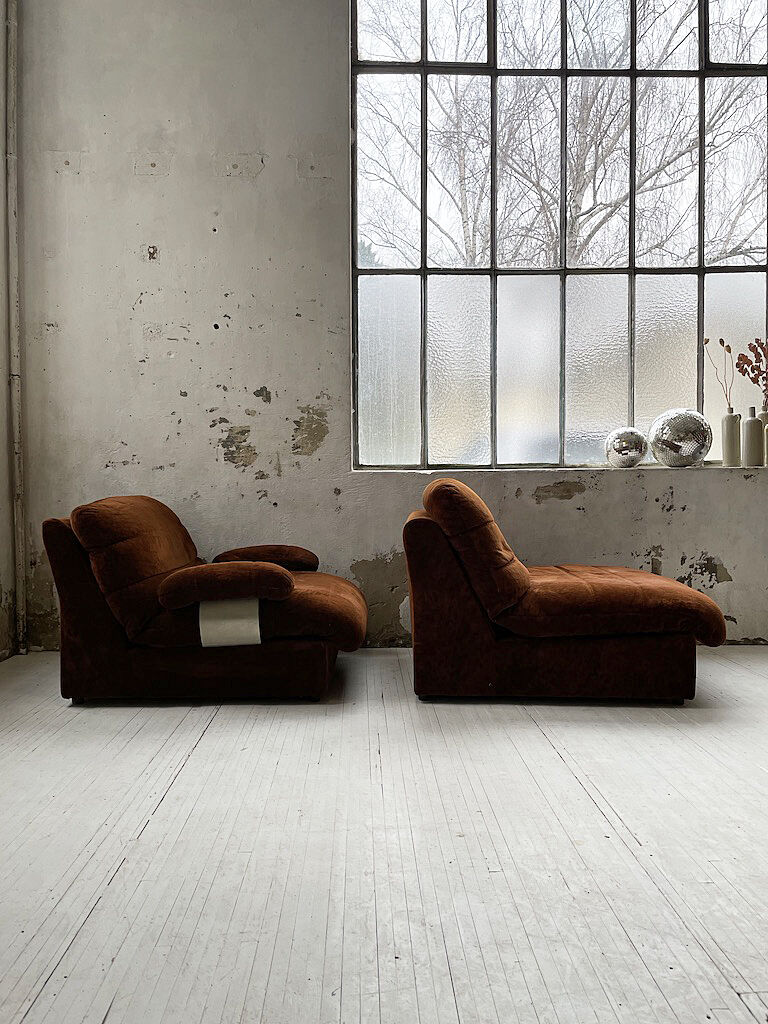 Pair 70s brown velvet armchairs