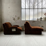 Pair 70s brown velvet armchairs