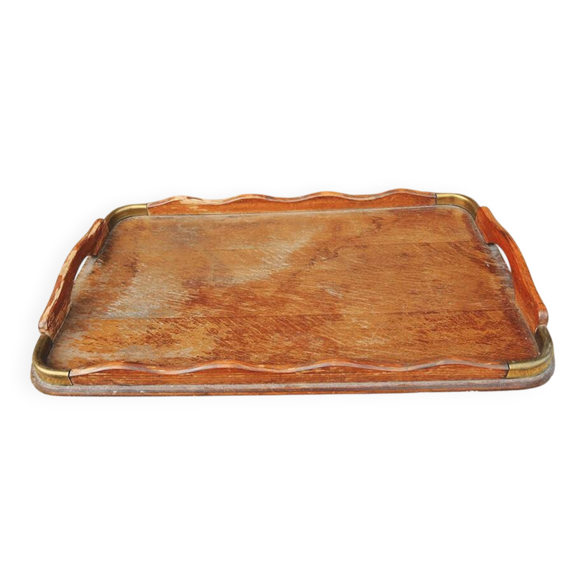 Old large wooden and brass serving tray