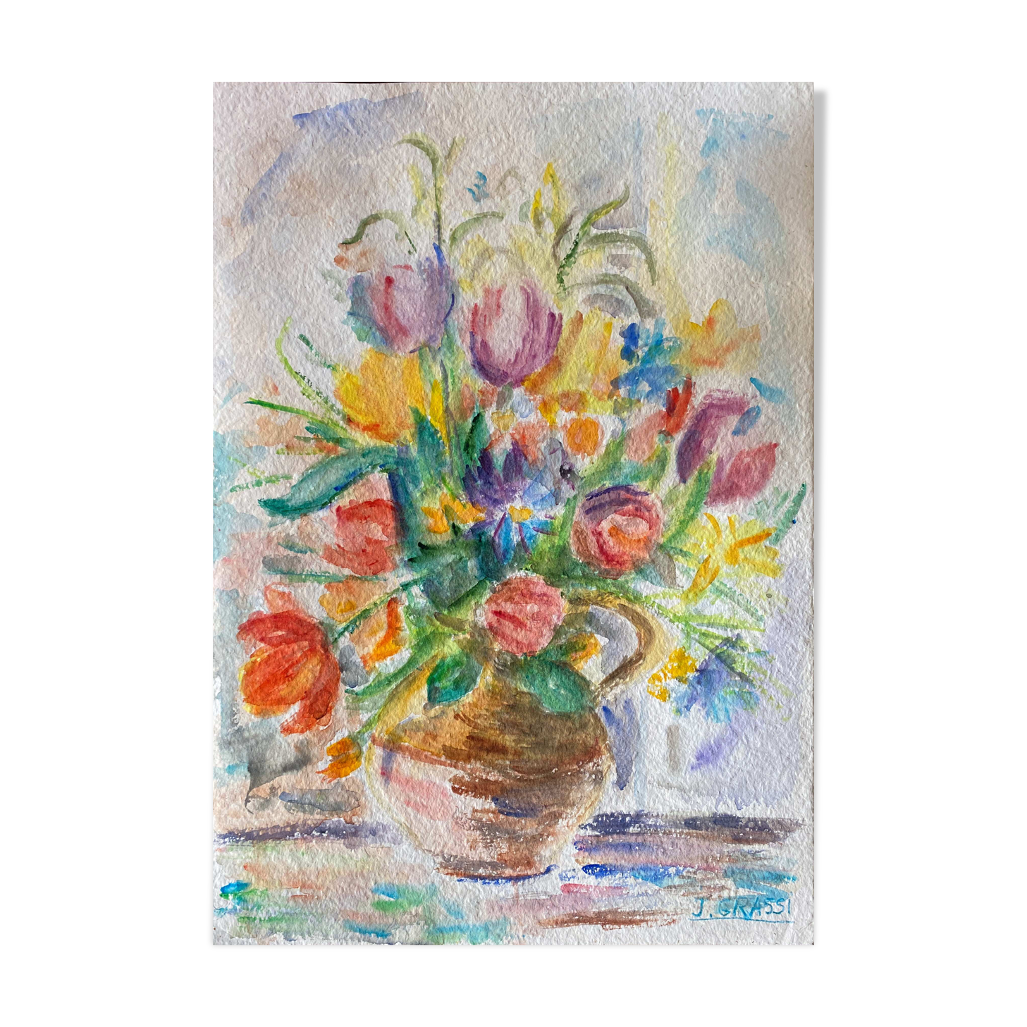 Painting "bouquet of flowers" Watercolor signed J. Grassi