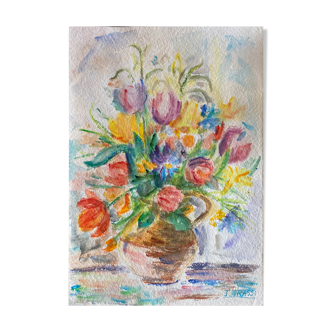 Painting "bouquet of flowers" Watercolor signed J. Grassi