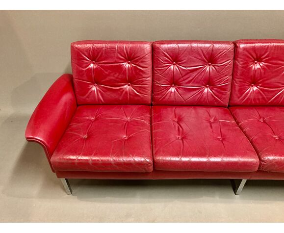 Red leather sofa 4 places design 1950.