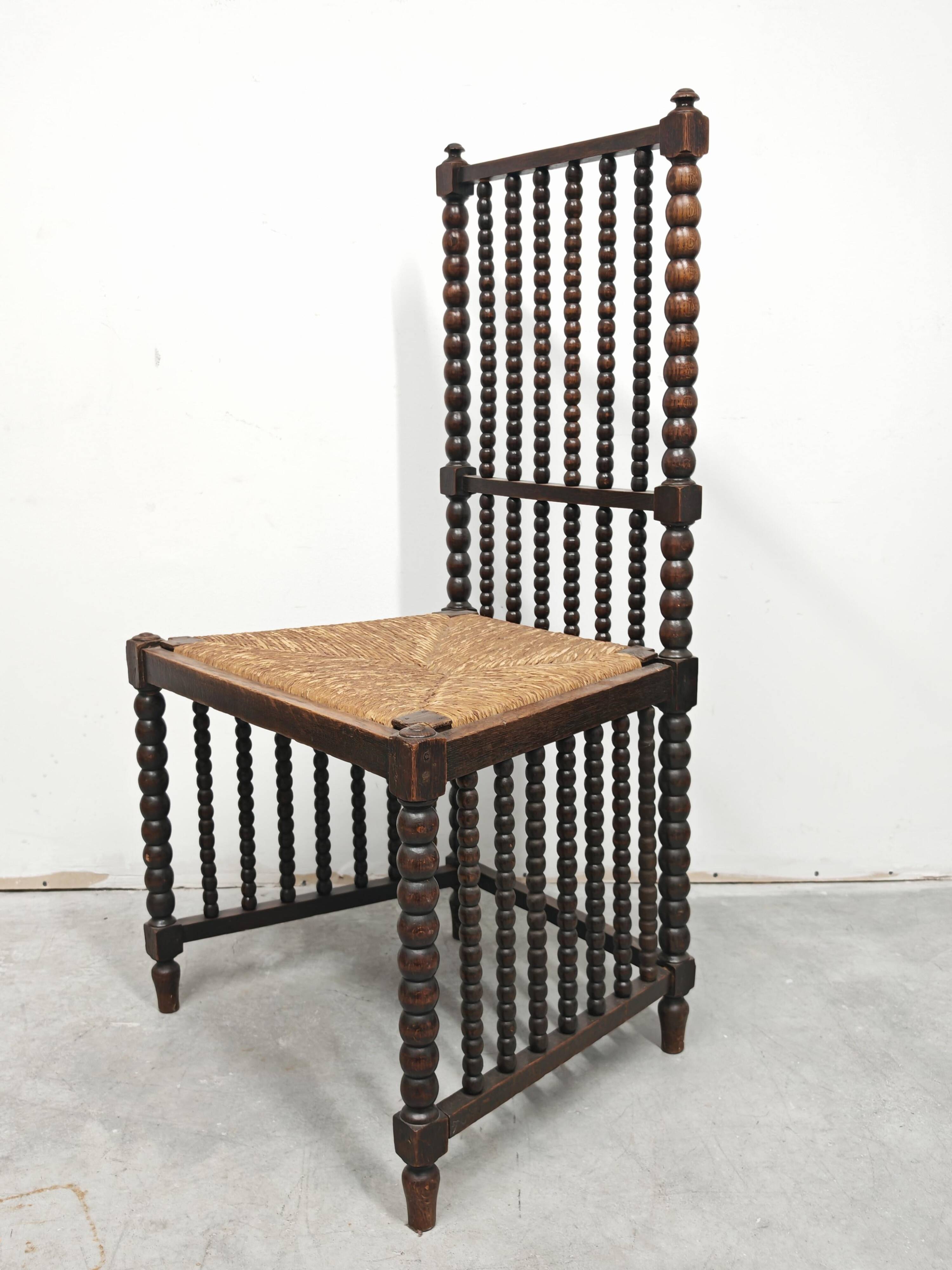 Antique High Back Bobbin Chair in Oak with Straw Seat, 1900s