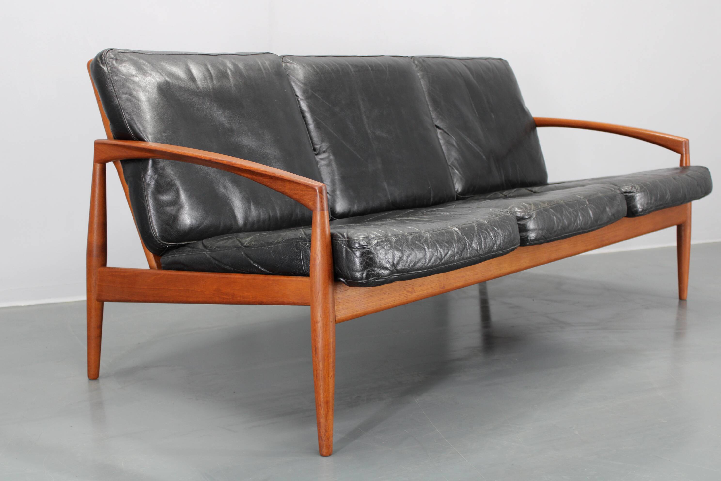 1960s Kai Kristiansen Paper Knife 3-Seater Teak Sofa in Leather , Denmark