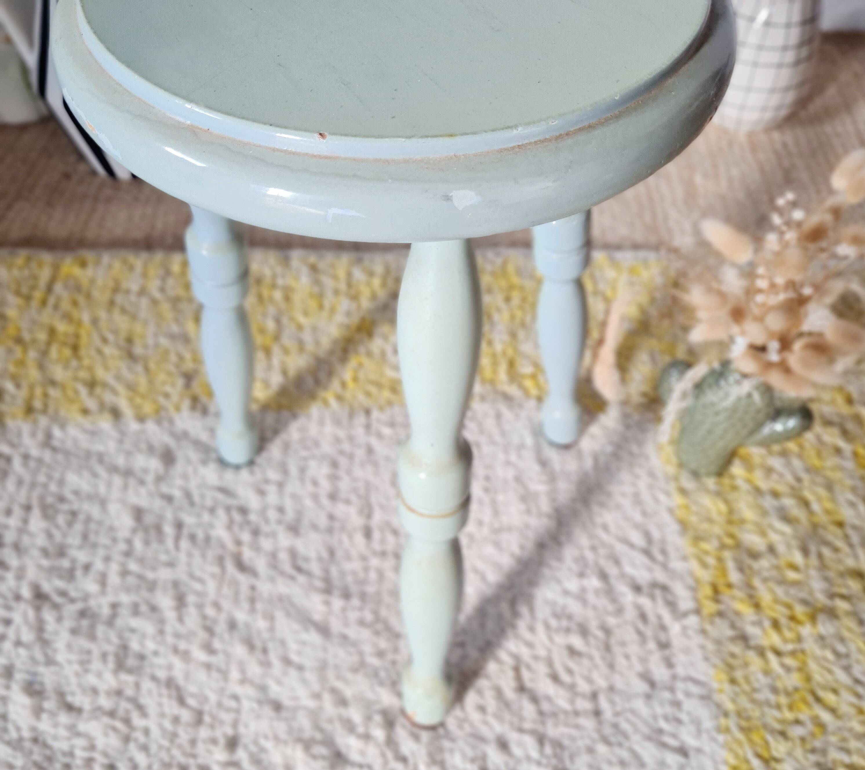 Antique tripod stool, solid wood, blue.