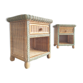 Pair of rattan and wicker bedside