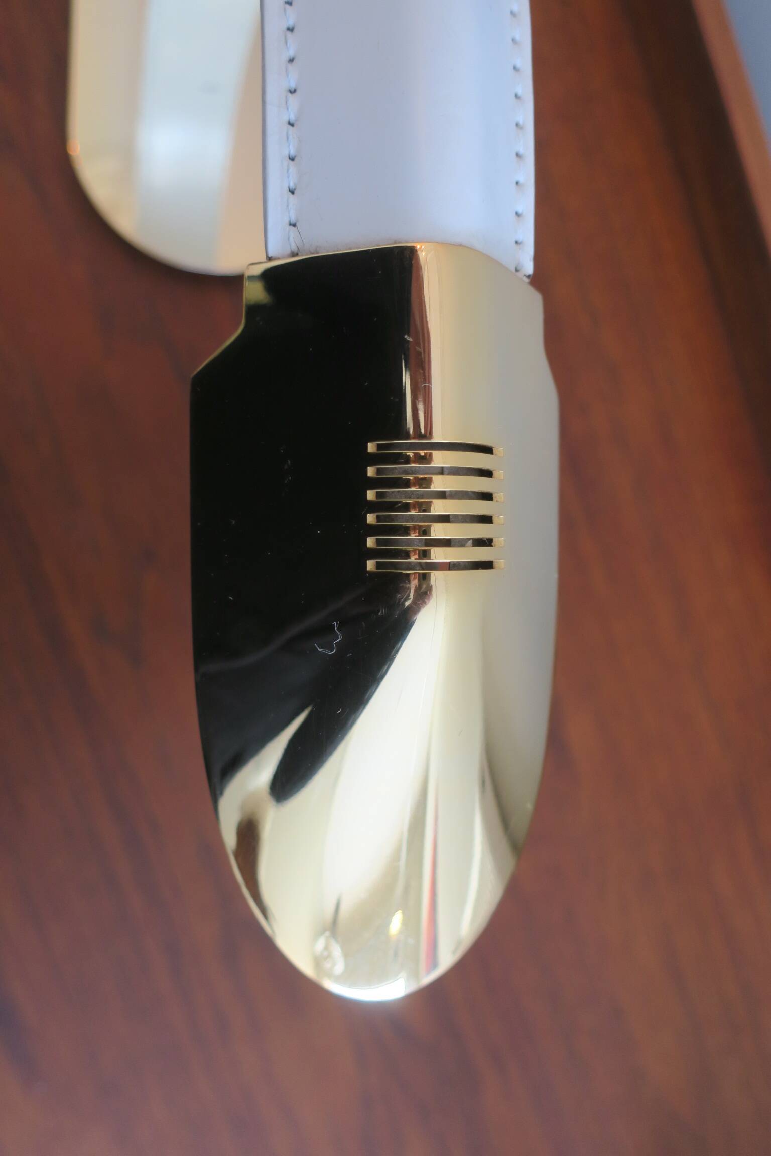 Vintage inscribed leather and gold-plated brass table lamp, Italy 1970s