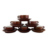 Vintage set of 6 coffee cups and saucers in glazed brown bistro style.
