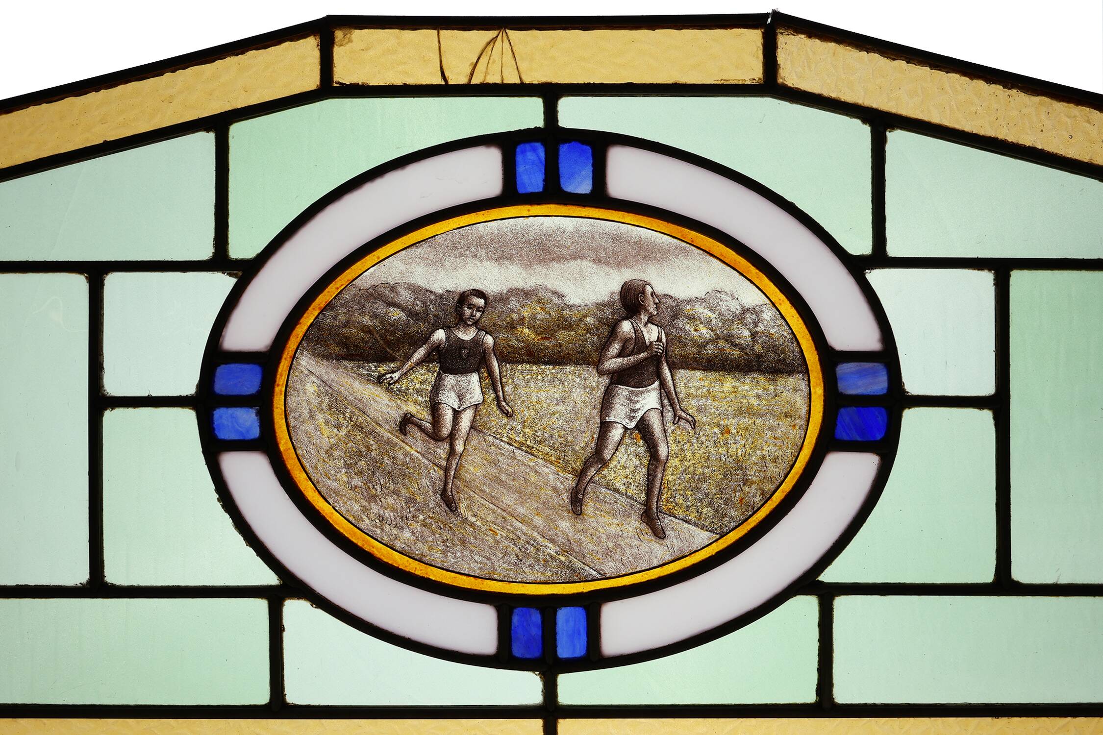 Art Deco Stained Glass Panel Depicting Runners in Motion, Belgium ca. 1910